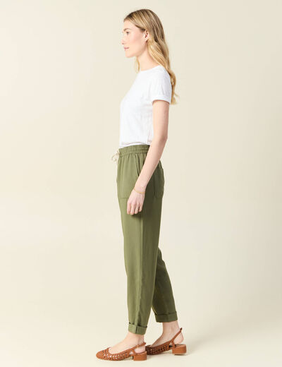 Pantalon droit à coulisse vert kaki femme
