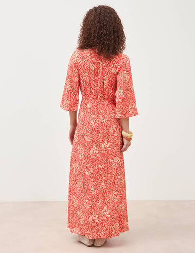Robe col v manches longues rouge corail femme