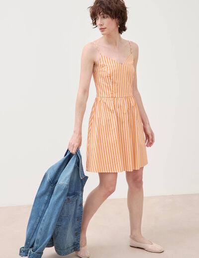 Robe bretelle col c&oelig;ur en coton orange abricot femme