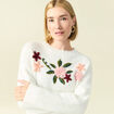 Pull col rond manches longues brod&eacute; ecru femme