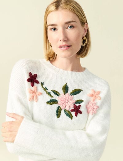 Pull col rond manches longues brod&eacute; ecru femme