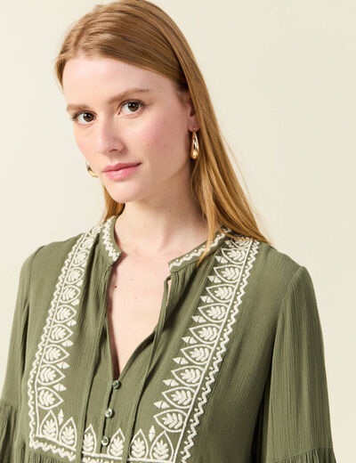 Robe brodée éco-responsable vert kaki femme