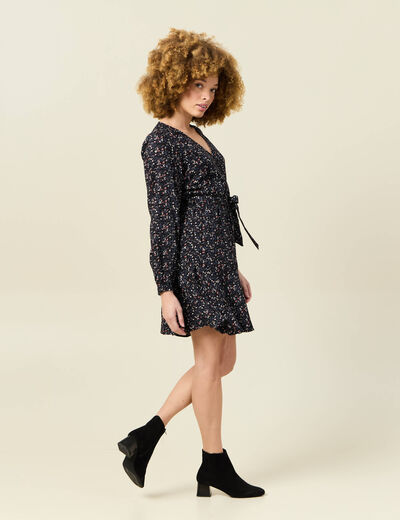 Robe droite courte col v manches longues noir femme