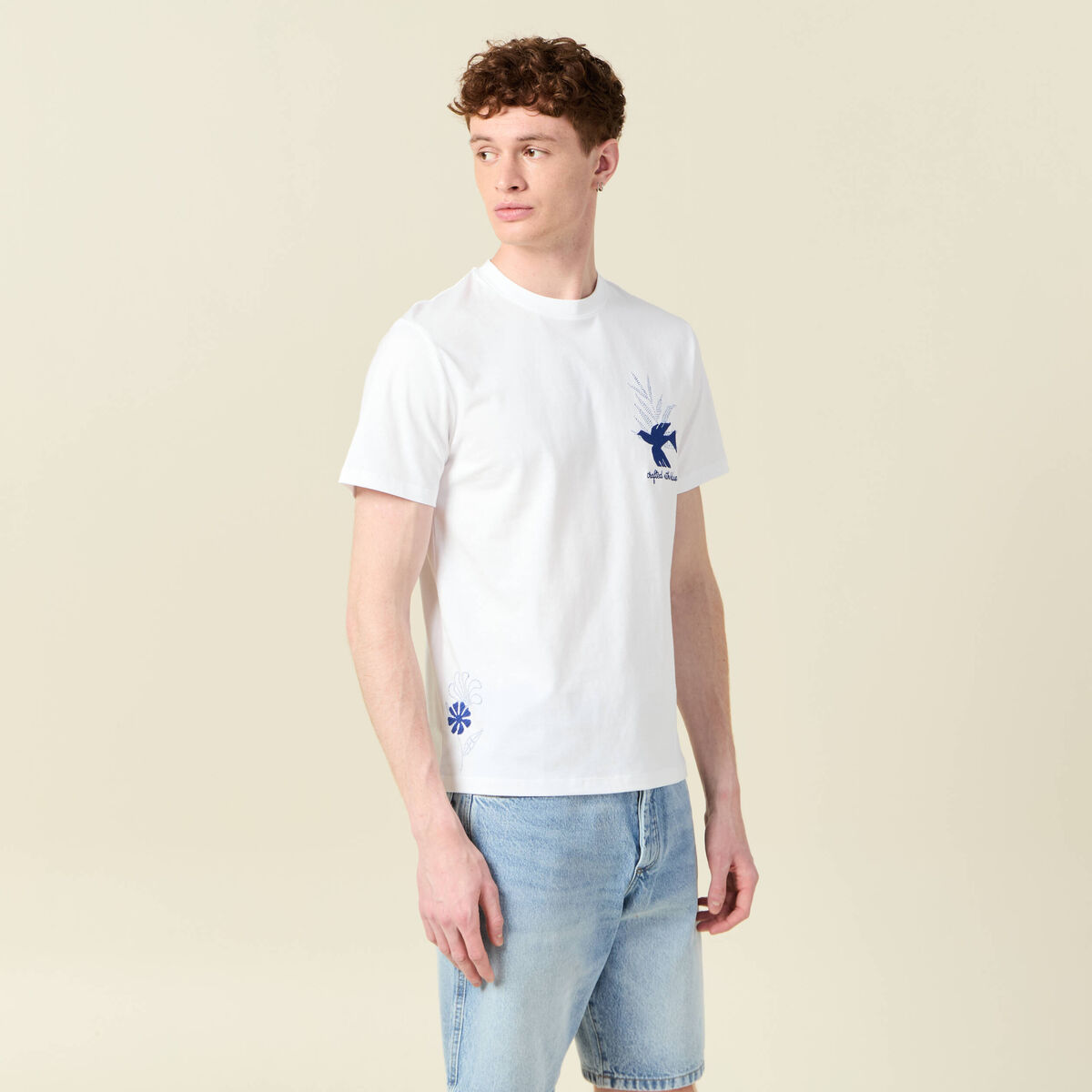 T-shirt manches courtes brodé blanc homme