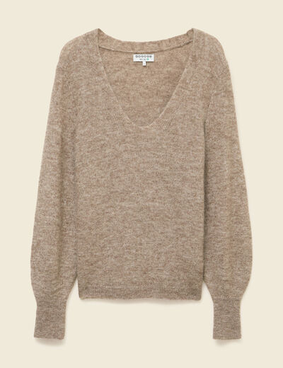 Pull col V manches longues marron clair femme