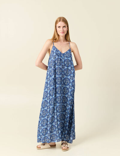 Robe longue évasée fluide bleu femme