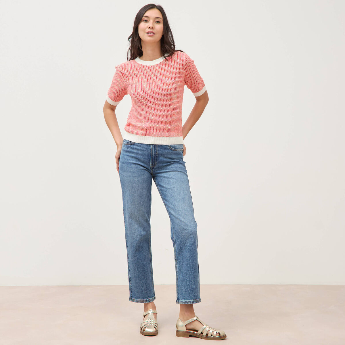 Pull droit court manches courtes orange fonc&eacute; femme