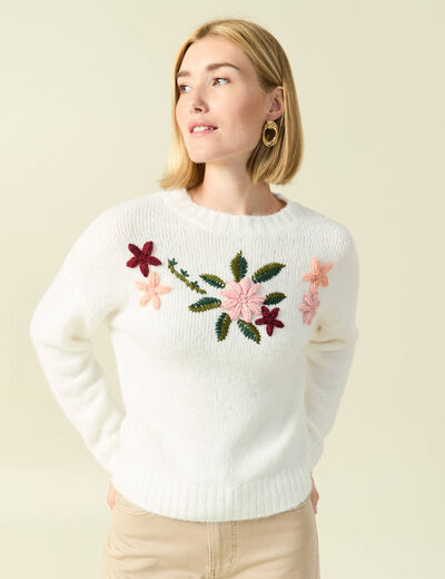 Pull col rond manches longues brod&eacute; ecru femme
