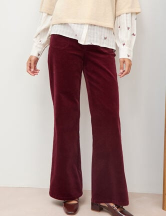 Pantalon flare taille haute en velours bordeaux femme