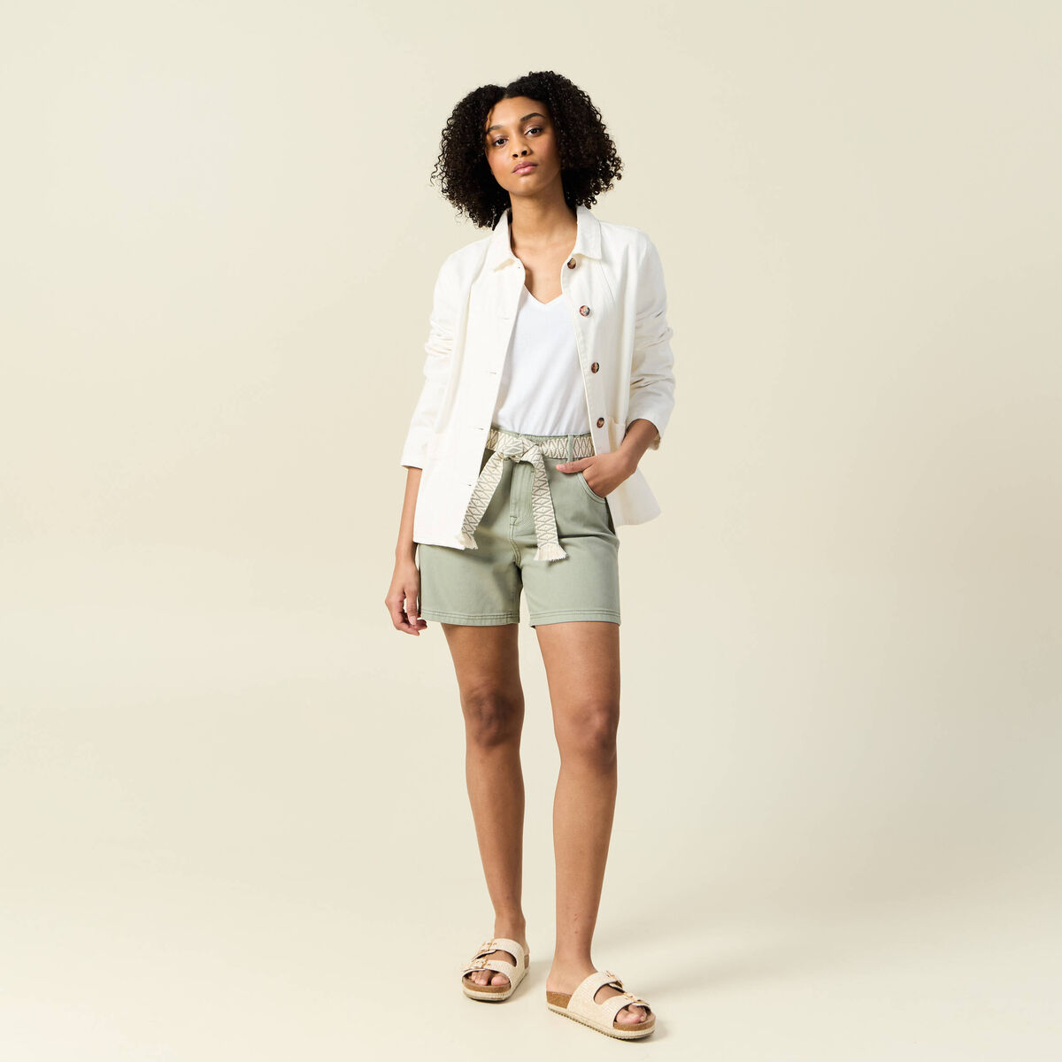 Short boyfriend ceintur&eacute; jean vert kaki femme