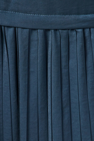 Robe midi évasée plissée satin bleu canard femme