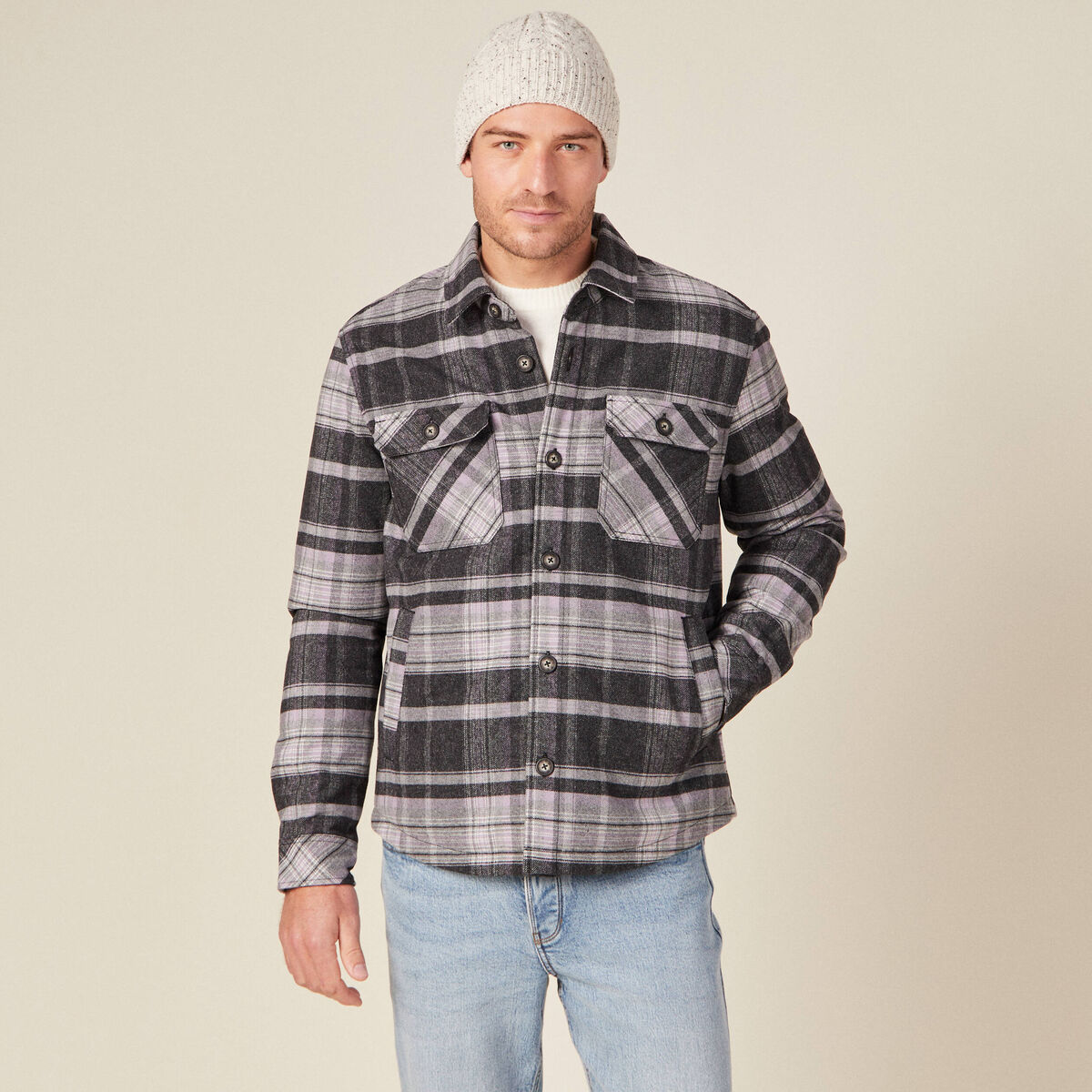 Surchemise &agrave; carreaux col classique parme homme