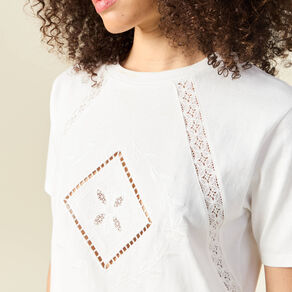 T-shirt manches courtes brodé ecru femme