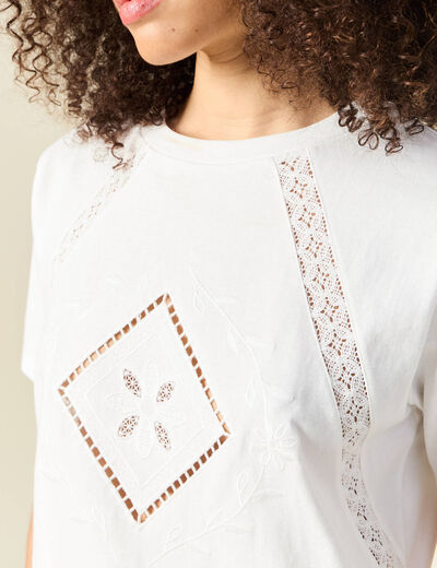 T-shirt manches courtes brodé ecru femme