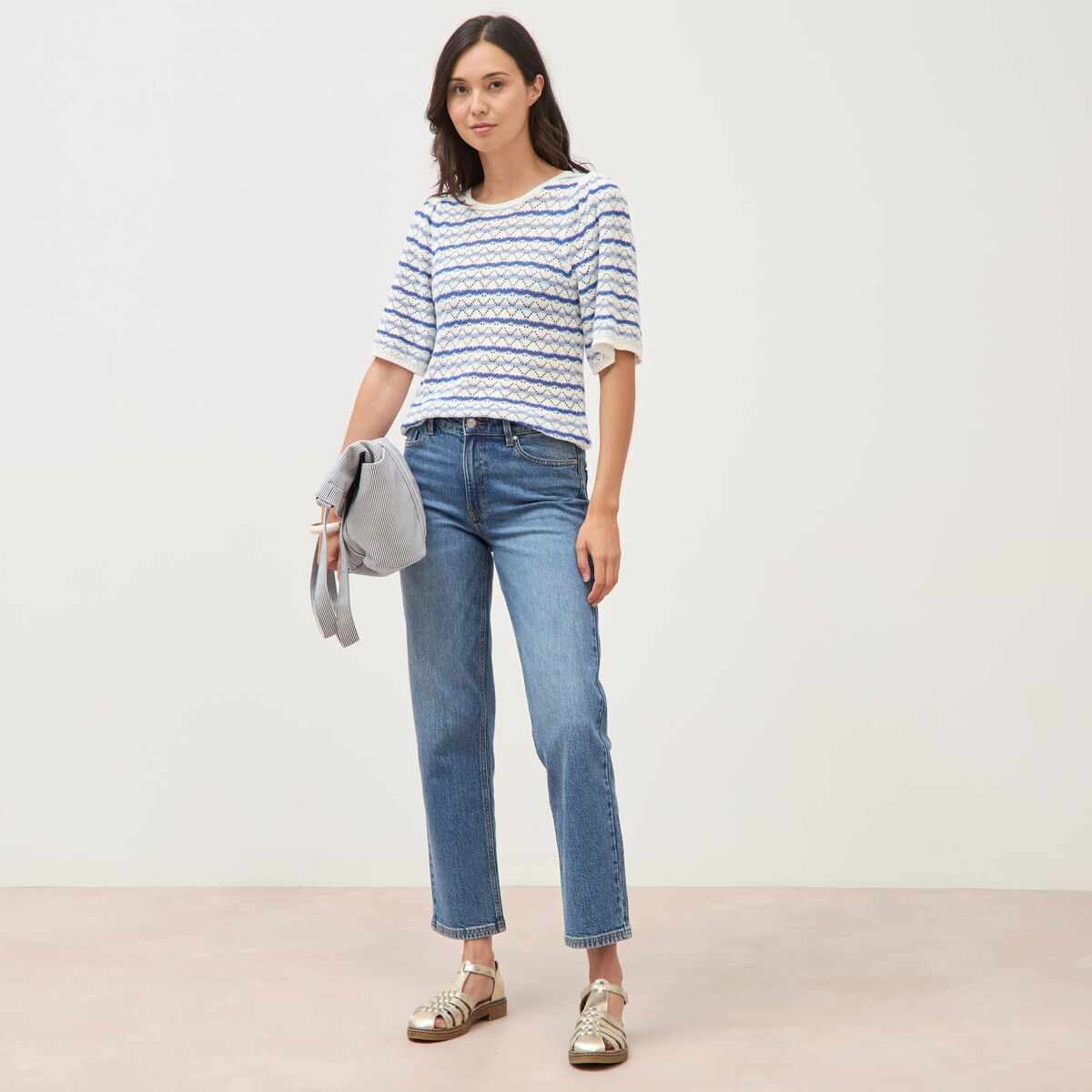 Pull col bateau manches courtes bleu femme