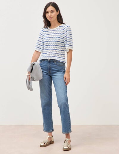 Pull col bateau manches courtes bleu femme