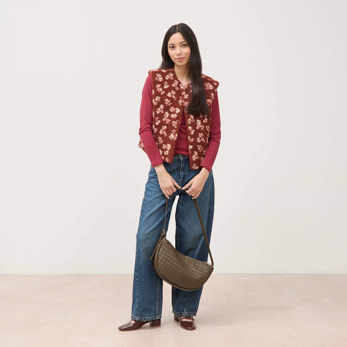 Gilet sans manches r&eacute;versible rouge fonc&eacute; femme
