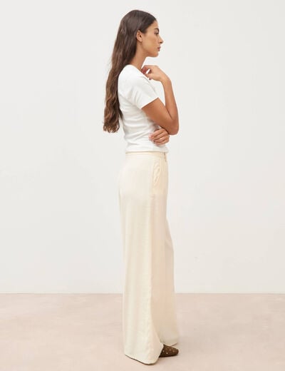 Pantalon large taille haute ceinture ivoire femme