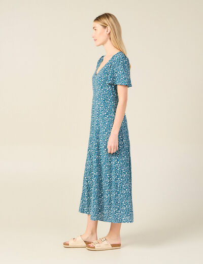 Robe longue droite col v manches courtes bleu femme