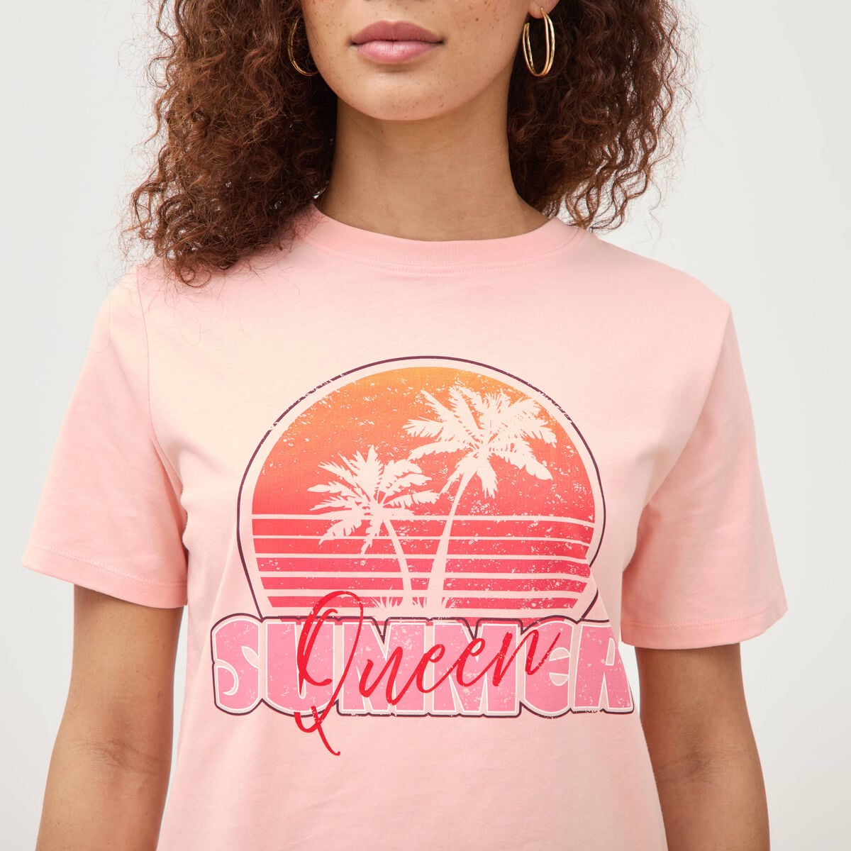 T-shirt droit col rond manches courtes rose saumon femme