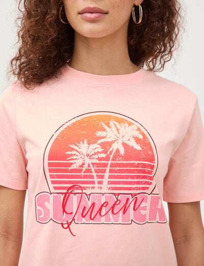 T-shirt droit col rond manches courtes rose saumon femme
