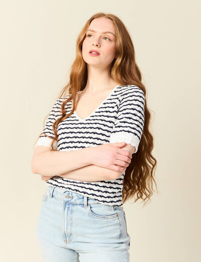 Pull manches courtes bleu foncé femme