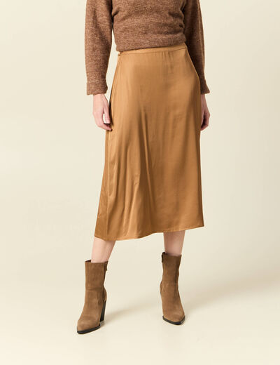 Jupe midi droite satin marron clair femme