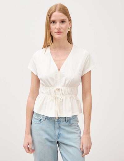 Blouse cintr&eacute;e col v manches courtes ecru femme
