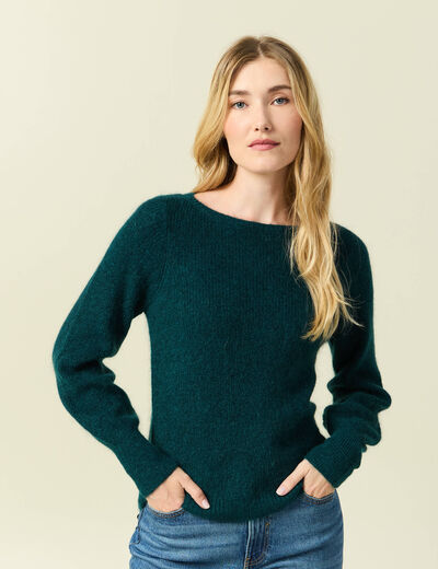 Pull col bateau manches longues vert fonc&eacute; femme