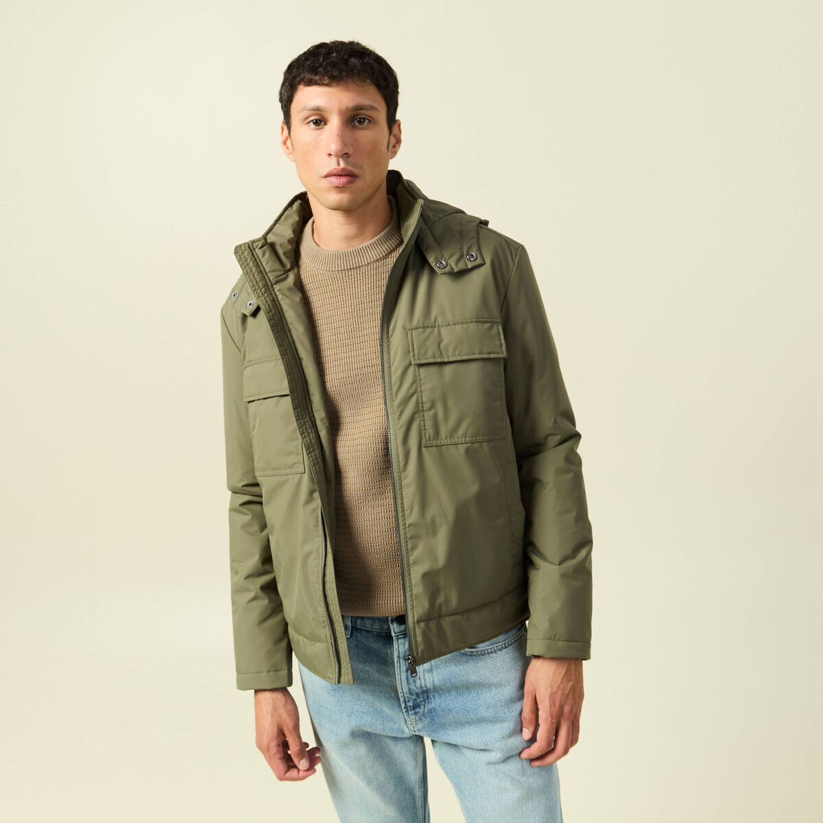 Blouson capuche doublure vert kaki homme