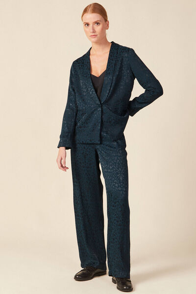 Veste blazer droite satin bleu canard femme