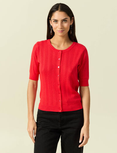 Gilet manches coude col rond rouge fonc&eacute; femme