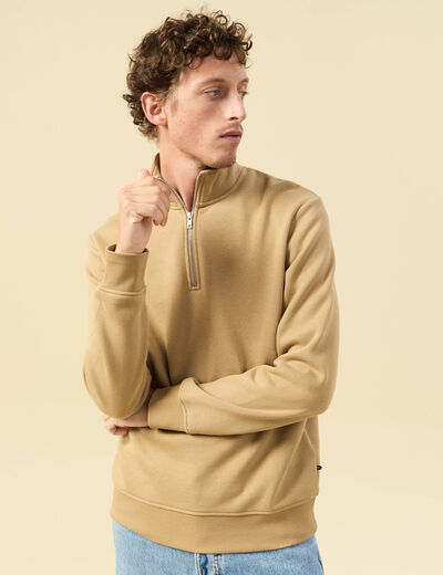 Sweat col camionneur manches longues beige homme