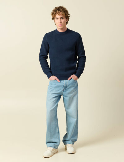 Pull fin manches longues col rond bleu marine homme