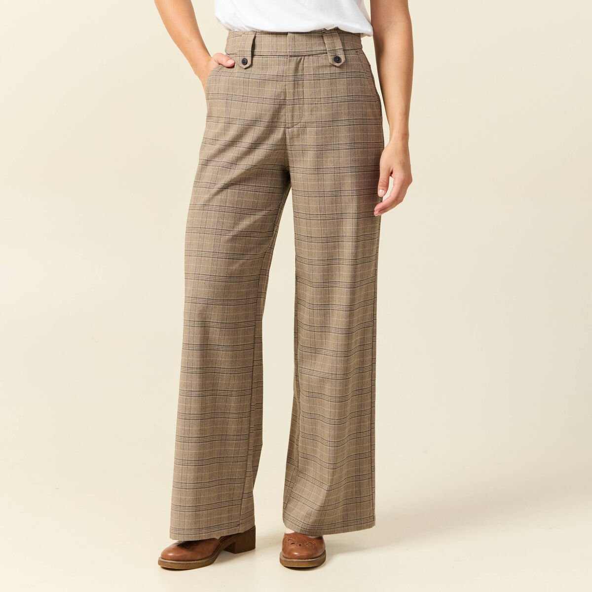 Pantalon large taille haute fluide beige fonce femme