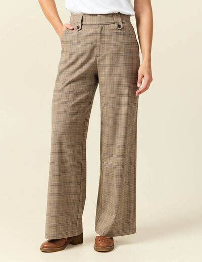 Pantalon large taille haute fluide beige fonce femme