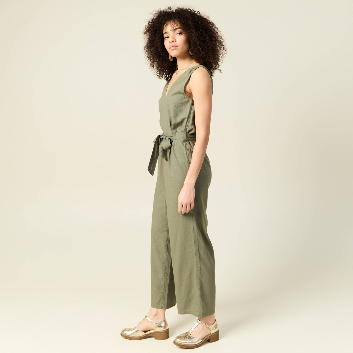 Combinaison salopette fines bretelles vert kaki femme