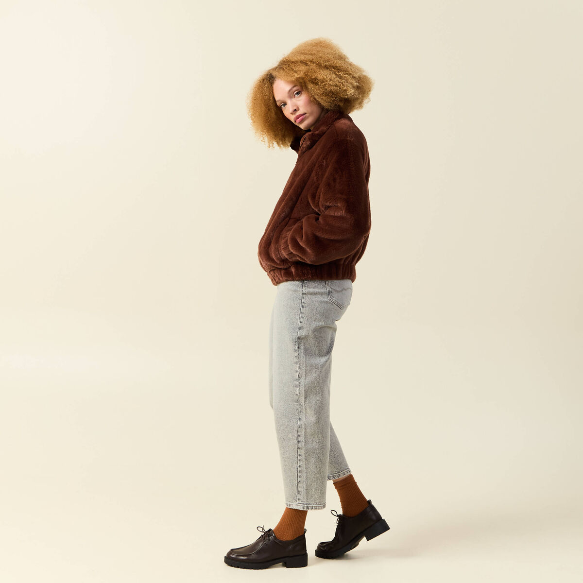 Veste droite courte col montant marron femme