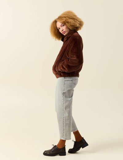 Veste droite courte col montant marron femme