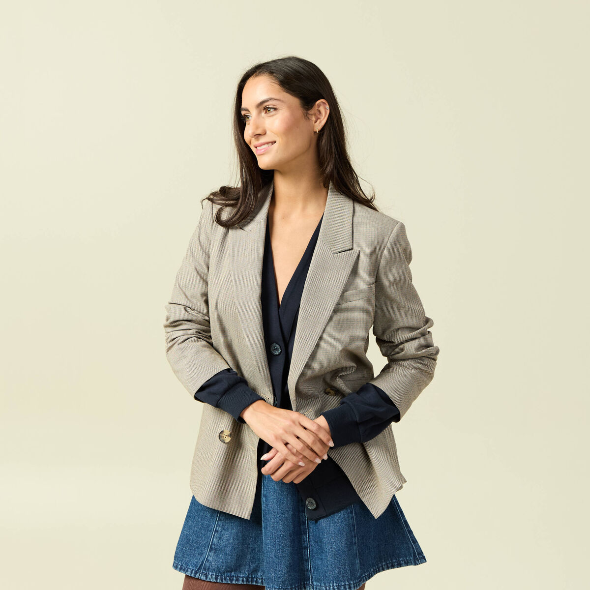 Blazer manches longues col tailleur beige femme