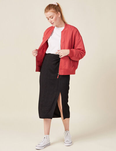 Jupe midi droite fendue satin noir femme