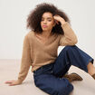 Pull droit col v manches longues camel femme