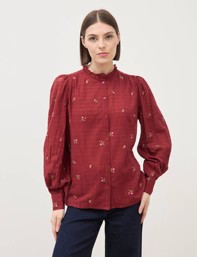Chemise manches longues en coton brod&eacute;e bordeaux femme