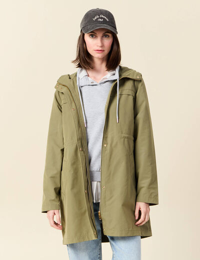 Parka longue à capuche vert kaki femme