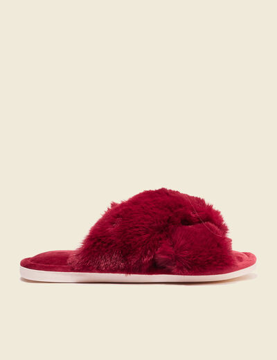 Chaussons mules fourrure rouge foncé femme