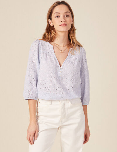 Blouse manches 3/4 brodée bleu femme