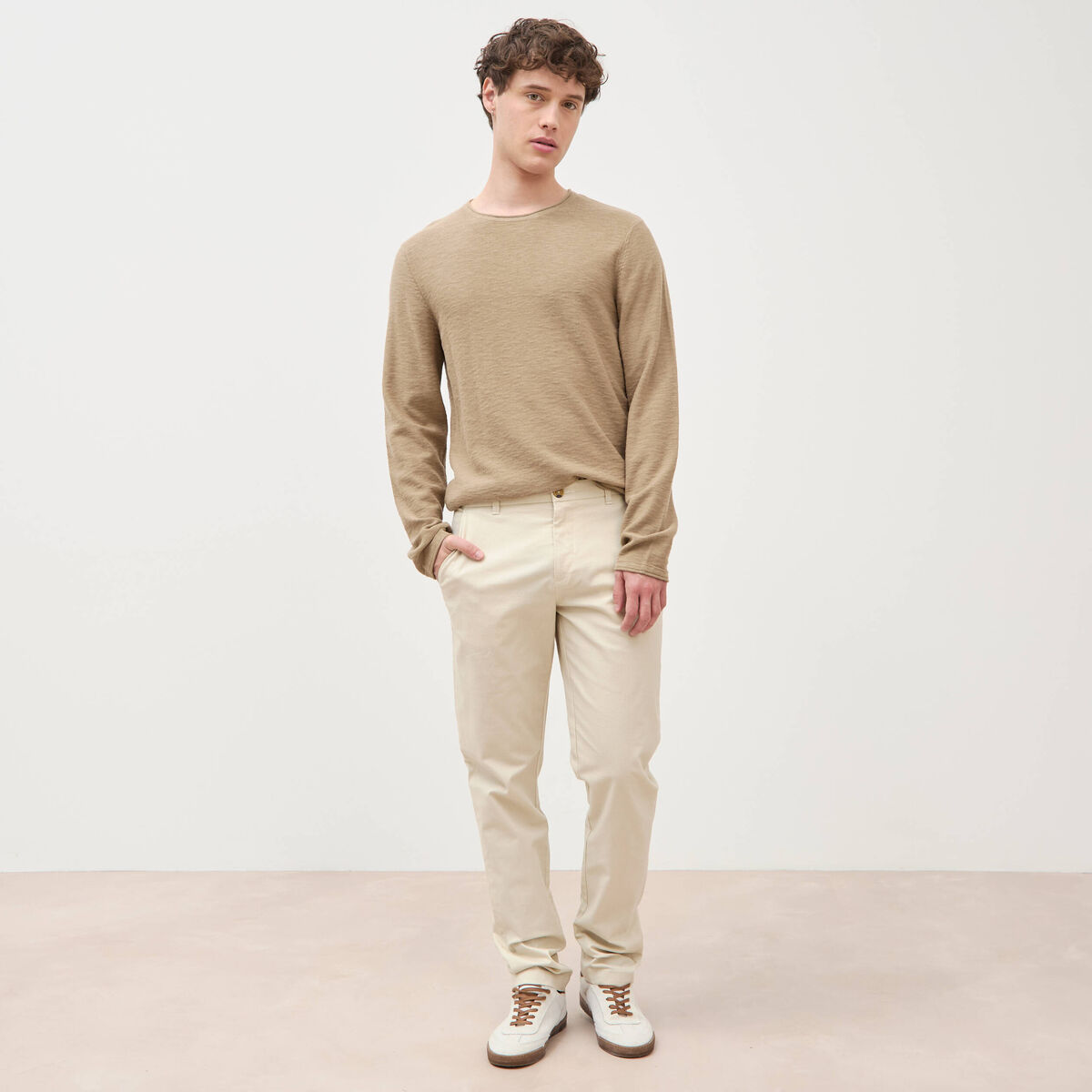 Pull fin en coton manches longues vert olive homme