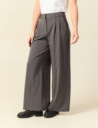 Pantalon large taille haute fluide gris femme