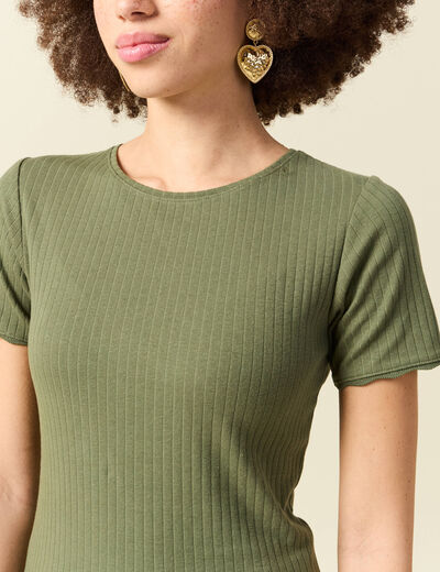 T-shirt manches courtes c&ocirc;tel&eacute; vert kaki femme