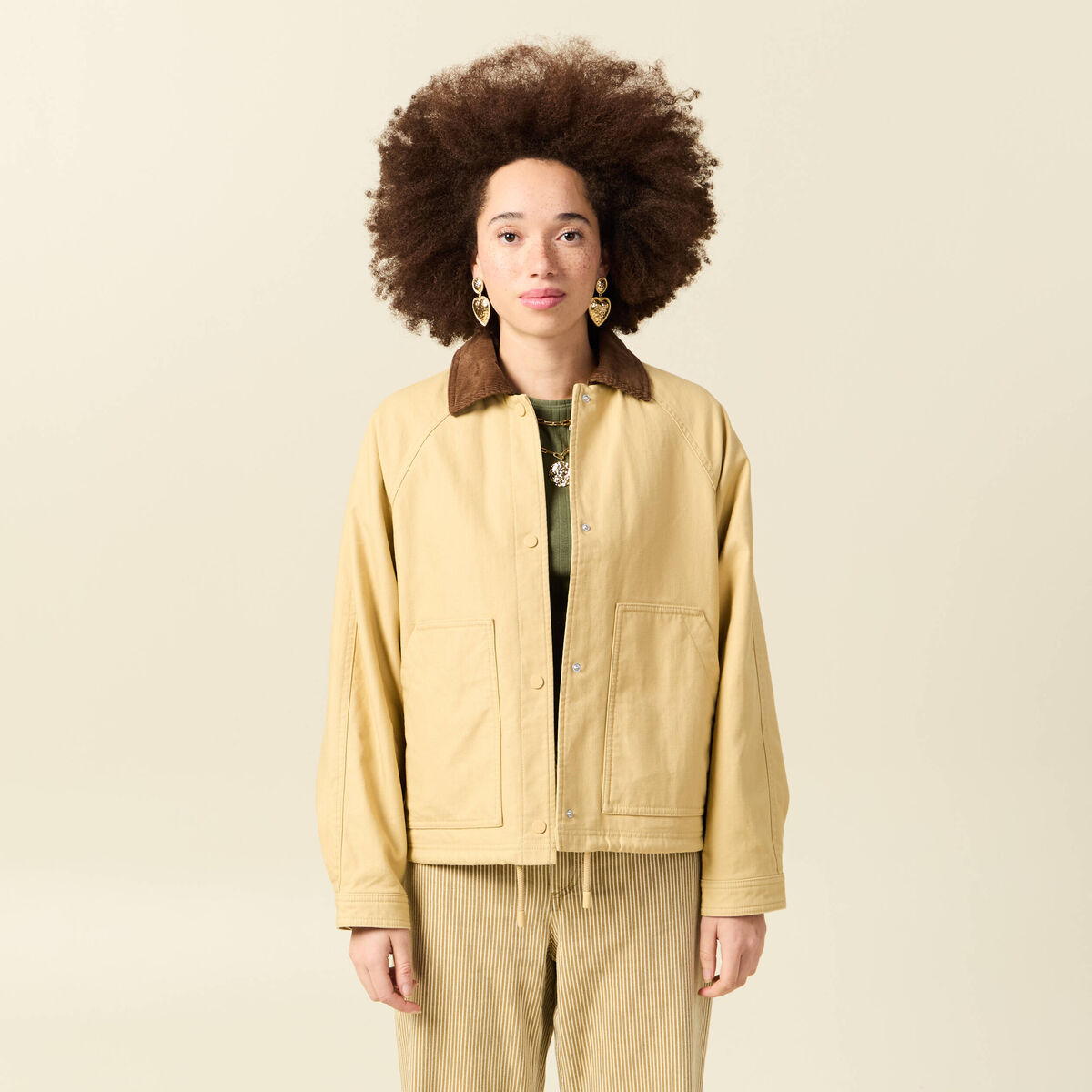 Veste oversize mi-longue en coton beige femme